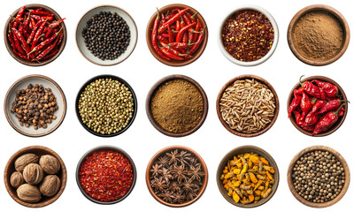 A Colorful Collection of Spices and Herbs in Bowls Laying on a White Background, Showcasing a Variety of Textures and Colors for Culinary Inspiration. Piquant food set.
