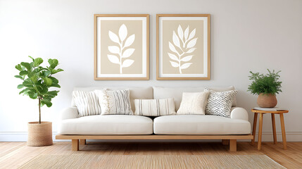 Modern boho living room with neutral tones, stylish decor, and indoor plants creating a serene ambiance for relaxation and socializing