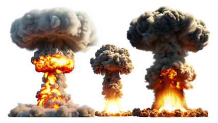 set of nuclear explosions and mushroom cloud isolated on white background PNG.AI GENERATED