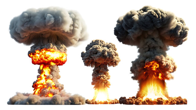 set of nuclear explosions and mushroom cloud isolated on white background PNG.AI GENERATED
