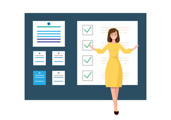 To-do list, young woman puts check marks in front of completed tasks. Time management concept