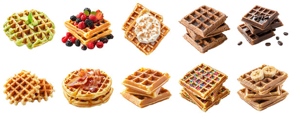 Variety of Delicious Waffles with Toppings Including Berries, Cream, Bacon, and Chocolate for Breakfast or Dessert Enjoyment. Piquant food set.