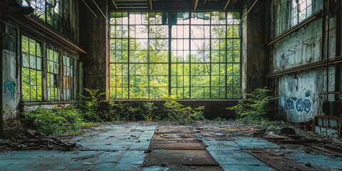 Naklejka premium Reclaimed by Nature: An Abandoned Factory's Serene Transformation