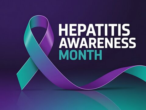 A teal and purple ribbon symbolizes Hepatitis Awareness Month, a time for hope, understanding, and support in the fight against liver disease with a sleek, modern design.