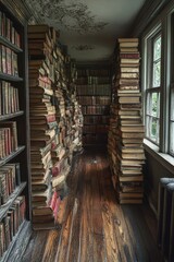 Obraz premium Interior view of a library with bookshelves filled with books and natural light.