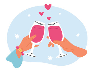 Loving couple. Man and woman holding red wine glasses. Romantic dating. Valentine meeting. Love hearts. Relationship anniversary toast. Hands clink wineglasses together. Vector concept