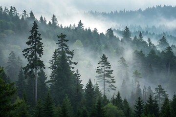 Misty Forest Valley – A Serene Landscape of Lush Green Hills and Rolling Fog