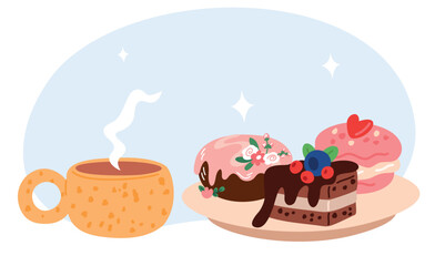 Cup with hot beverage of tea or coffee and piece of cake. Brownie or muffin eating. Sweet desserts plate. Ceramic mug. Appetizing macaroon and cupcake. Served pastries. Vector concept