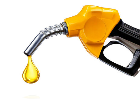 Gas gun with dripping yellow drop of petroleum. Fueling pistol for petrol or gasoline fill on transparent background and white background 