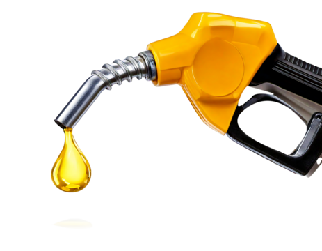 Gas gun with dripping yellow drop of petroleum. Fueling pistol for petrol or gasoline fill on transparent background and white background 