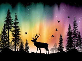 Fototapeta premium A serene silhouette of a deer under vibrant auroras, surrounded by tall trees and flying birds, creating a peaceful nature scene.