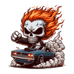 Cartoon Skull Rider on Hot Rod with Flaming Hair