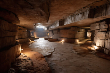 Fototapeta premium Underground cavern with rock formations and subtle lighting, evoking a sense of exploration and mystery.