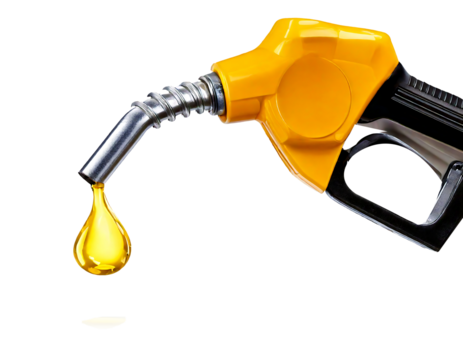 Gas gun with dripping yellow drop of petroleum. Fueling pistol for petrol or gasoline fill on transparent background and white background 
