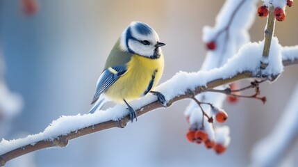 A charming Blue Tit perched on a snow-covered branch, delicate snowflakes falling gently around it 