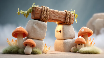whimsical fantasy scene featuring stone archway made of textured blocks, adorned with wooden beam tied with rope. Surrounding arch are cute, orange capped mushrooms and soft green grass