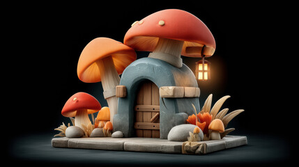 whimsical fantasy themed mushroom house with vibrant orange caps, surrounded by colorful plants and stones. warm glow from lantern adds magical touch to this enchanting scene