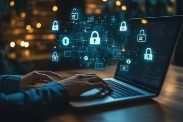 Secure online activity depicted; laptop user with digital locks floating above