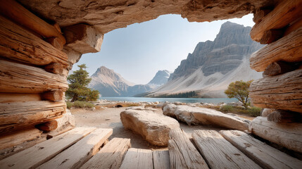 rustic cabin with hole in wall offers stunning view of mountains and serene lake, creating peaceful and picturesque landscape. natural beauty evokes sense of tranquility and adventure