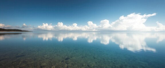 Obraz premium Serene Coastal Landscape Clear Water Reflecting Clouds and Sky A Peaceful Ocean View