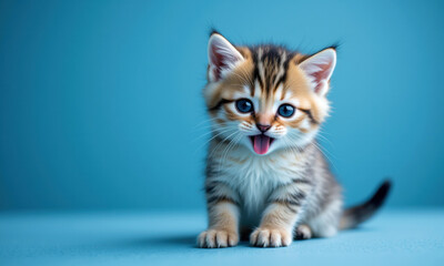 Cute kitten with blue background, playful expression, fluffy fur, and bright eyes