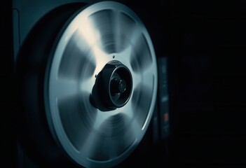 A Close Up Shot of a Rotating Reel to Reel Tape Recorder Showing Motion Blur