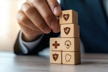 Hand arranging wooden blocks with health icons, symbolizing healthcare planning & security
