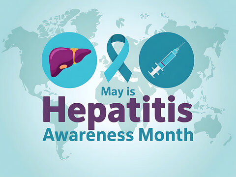 A global call to action for Hepatitis Awareness Month in May, featuring a liver, ribbon, and syringe on a world map background with a simple design.