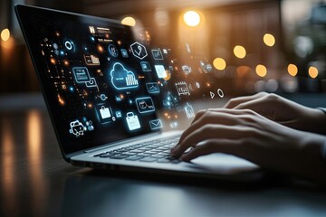 Modern laptop with interactive cloud computing icons displayed on screen. Hands typing on keyboard