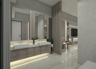 Modern 3D hand wash basin cabinet for two, featuring wooden storage and a mirror glass panel. 