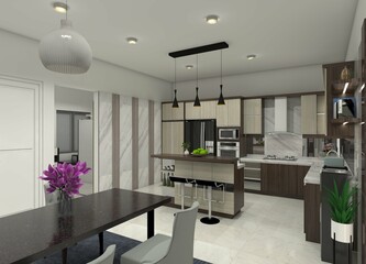 Modern and luxurious 3D kitchen and dining room interior design. 