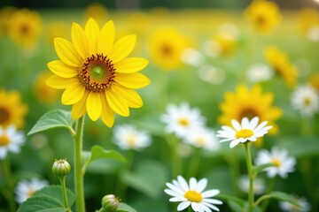 One bright yellow sunflower in field of white flowers, vibrant, isolated