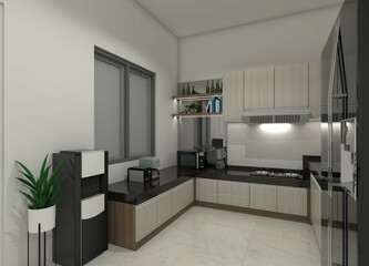 Minimalist 3D kitchen interior design featuring storage cabinets and a water dispenser.