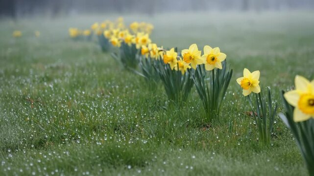 Row of bright yellow daffodils blossoms on a green field covered in dew drops on a foggy day with soft focus background.