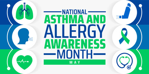 National Asthma and Allergy Awareness Month background banner or poster design template. observed every year in May. Holiday concept. Use to any Template, card, poster, placard, template.