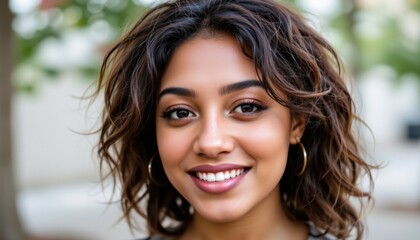 Fototapeta premium Joyful young woman smiling outdoors urban environment portrait photography natural light positive vibes