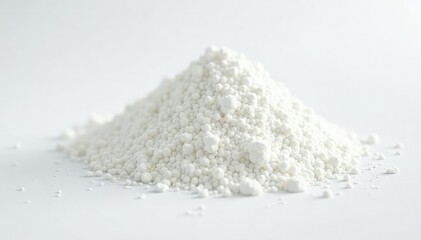 Pile of white granulated sugar on white background, sugar bowl, confectionery