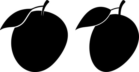 Mango with leaves art vectors and Set of black fresh fruits icon silhouette collections