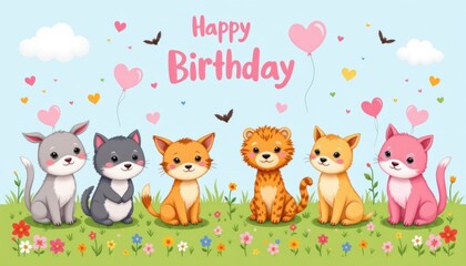 Obraz premium Adorable birthday celebration with cute animals colorful garden digital art joyful atmosphere