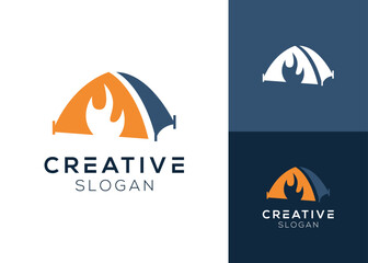 Outdoor tent with campfire logo design for camping and recreation
