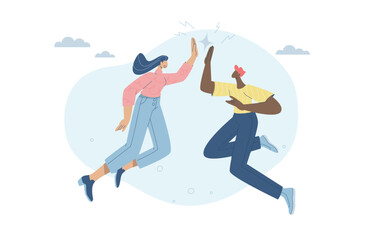 Male and female coworkers jump and high five hands, Celebration of success, Slap hands with friend, goal achievement, Project success, Flat vector design illustration.