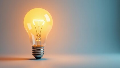 Single lightbulb glowing brightly on white background, perspective, studio shot, background