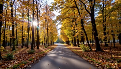 Obraz premium Autumn walk forest path nature photography bright sunlight peaceful environment scenic viewpoint for relaxation