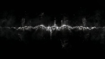 Audio waveform visualization as white particle streams against black background, showing sound frequency spectrum pattern as a voice recognition or noise music equalization. Visual effect