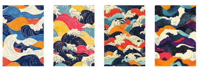 Vector pattern set of hand-drawn ukiyo-e waves in vibrant colors background