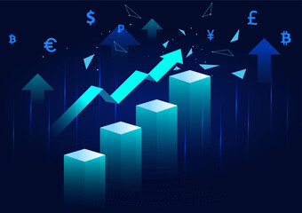 Financial stock market increase profit graph and digital line. Decentralized from defi and nft game economy gain price concept. Cyberpunk and futuristic city theme color.