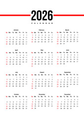 Simple calendar 2026 with week start Sunday. Vector corporate design layout for print, wall calendar, digital calendar. Suitable for A3 A4 A5 format.