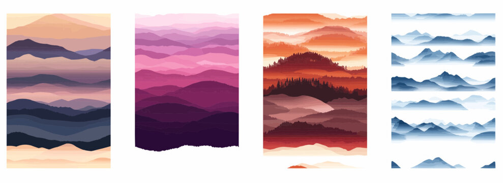 Vector pattern set of layered mountain landscapes fading into a misty background