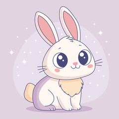 A cute cartoon bunny with big eyes, pink ears, and a fluffy tail on a light purple background, perfect for children's and festive themes.