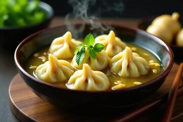 Steaming bowl of dumplings, chopsticks, ginger, white, oriental, chinese food